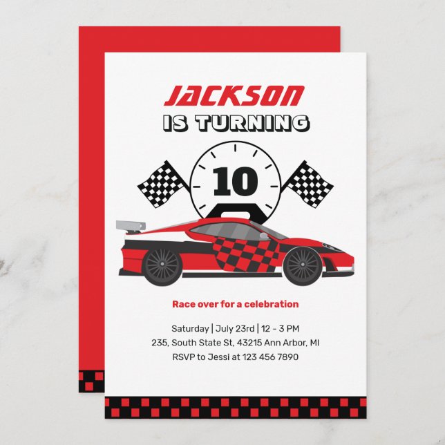 Red Racing Car Race Kids Boys Birthday Invitation (Front/Back)