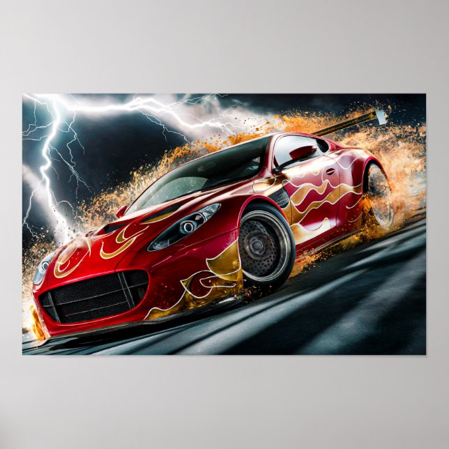 Red Racing Car with Flame Pattern Drifting Hard #1 Poster (Front)