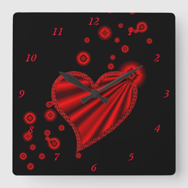 Red Rainbow Heart with Stars on Black Square Wall Clock (Front)