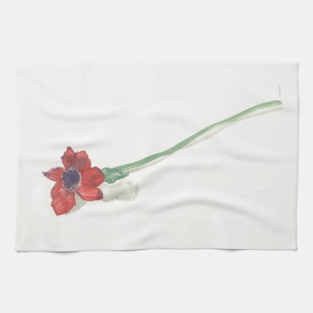 Red ranunculus watercolor tea towel (Horizontal)