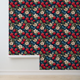 Red Raspberries Floral Fruit Blossoms on Dark Blue Wallpaper