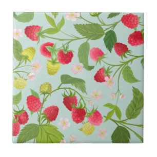 Red Raspberry Fruit, Leaves and Flowers    Ceramic Tile