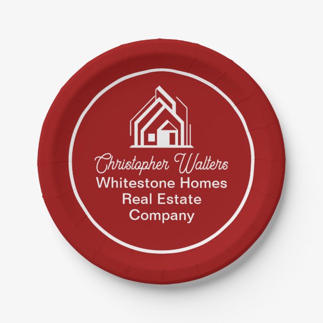 Red Real Estate Company Custom Realtor Party Paper Plate (Front)