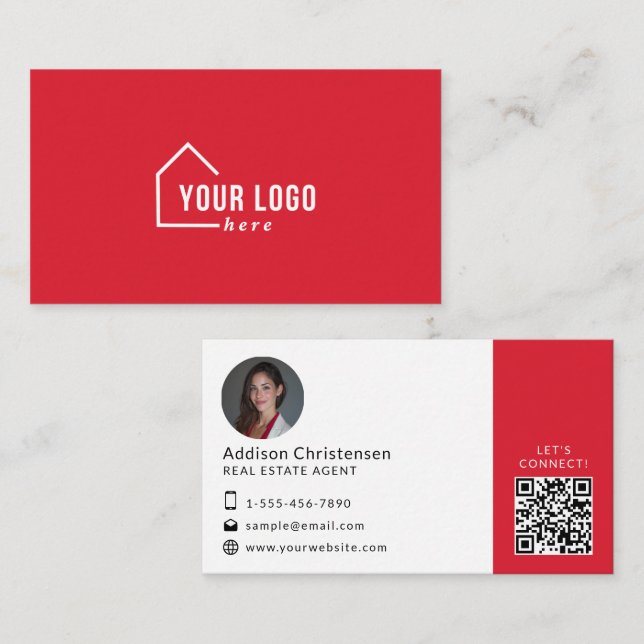 Red Real Estate Logo Photo QR Code Business Card (Front/Back)