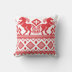 Red rearing horses cushion