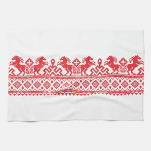 Red rearing horses tea towel