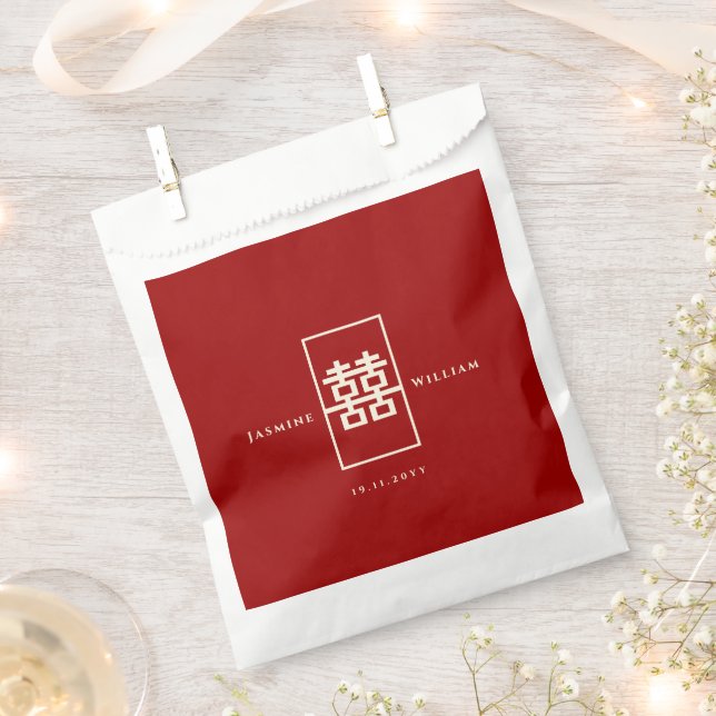 Red Rectangle Double Happiness Chinese Wedding Favour Bag (Clipped)