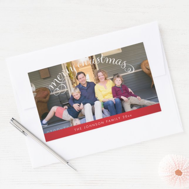 Red Rectangle Merry Christmas Photo Stickers (Envelope)