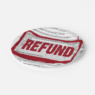 red refund stamp on tax form paper plate