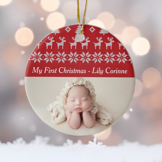 Red Reindeer Baby's 1st Christmas Photo Ceramic Ornament (Creator Uploaded)