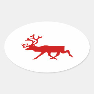 Red Reindeer / Caribou Silhouette Oval Sticker