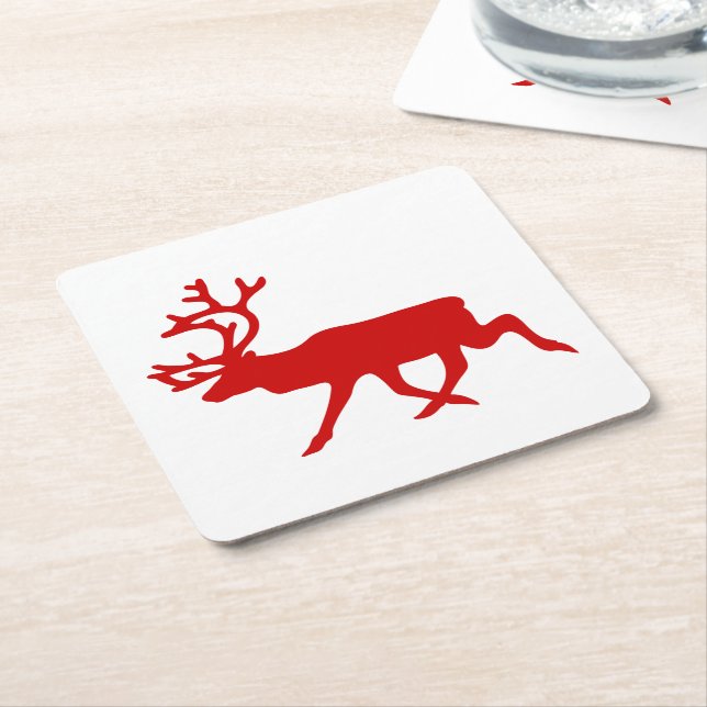 Red Reindeer / Caribou Silhouette Square Paper Coaster (Angled)