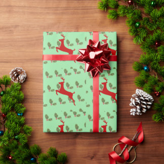 Red Reindeer Christmas wrappinpaper Festive Green  Wrapping Paper