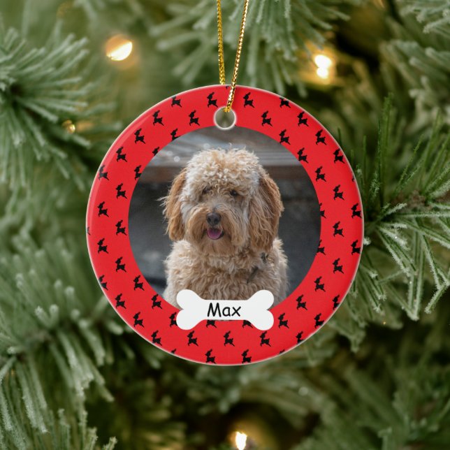 Red Reindeer Custom Pet Puppy Dog Photo Ceramic Ornament (Tree)