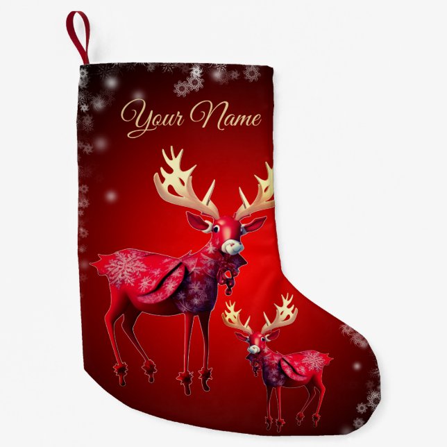 Red Reindeer Name Winter Holidays  Small Christmas Stocking (Front)