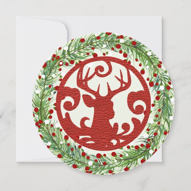 Red Reindeer Round Christmas Flat Card (Front)