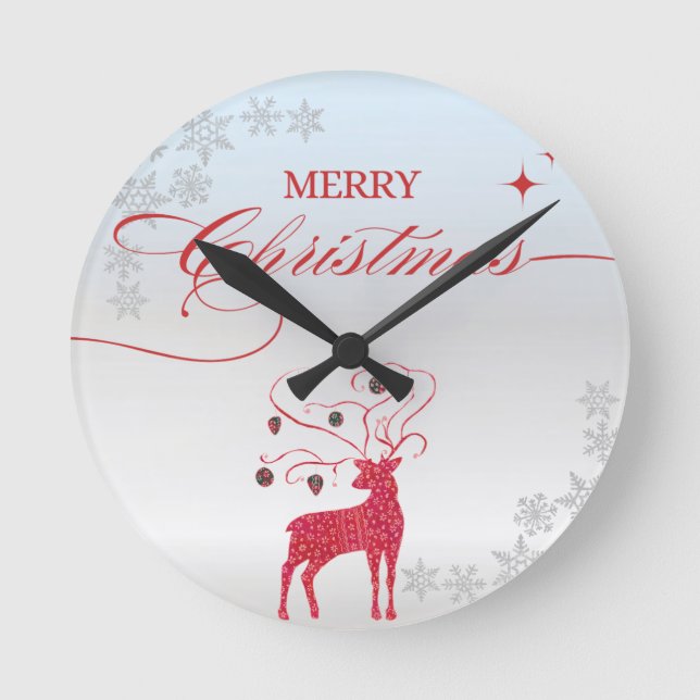 Red Reindeer Silver Snowflakes Christmas Round Clock (Front)