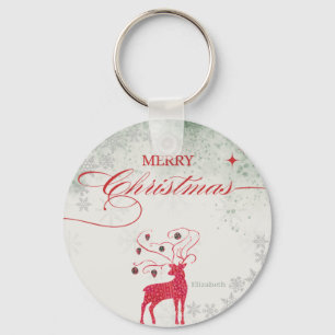 Red Reindeer Silver Snowflakes Green Christmas Key Ring