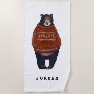 Red Reindeer Sweater Bear Add Your Name Beach Towel