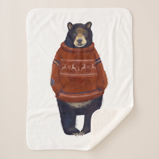 Red Reindeer Sweater Bear Sherpa Blanket (Front)