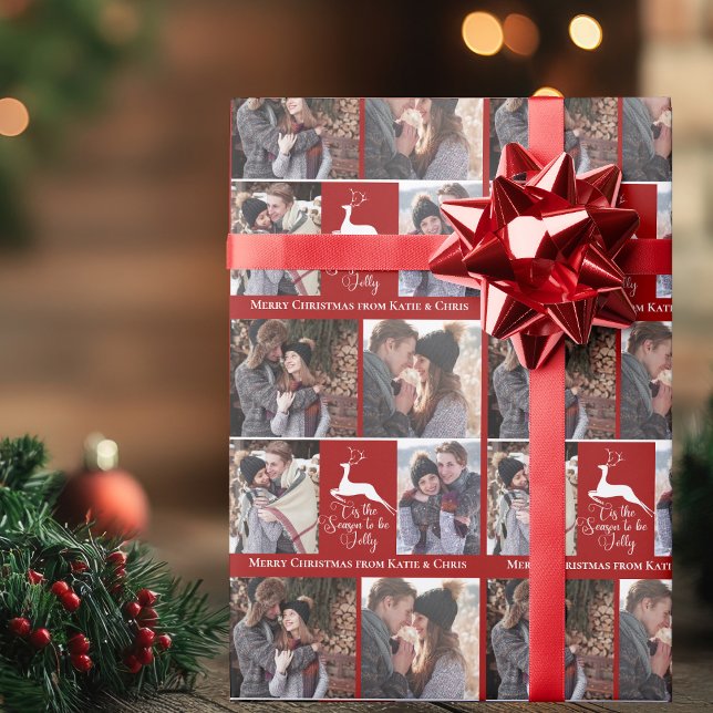 Red Reindeer Tis the Season Custom Photo Christmas Wrapping Paper (Creator Uploaded)