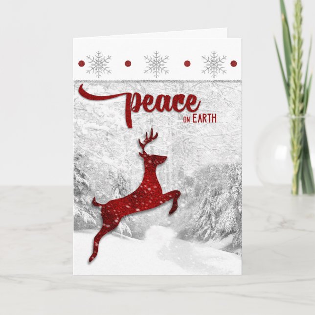 Red Reineer Woodland Snowscape Peace on Earth Holiday Card (Front)