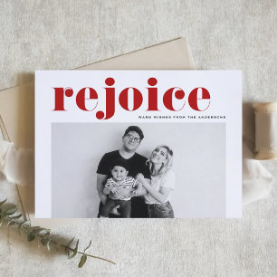 Red Rejoice Bold Typography Modern Photo Christmas Holiday Card