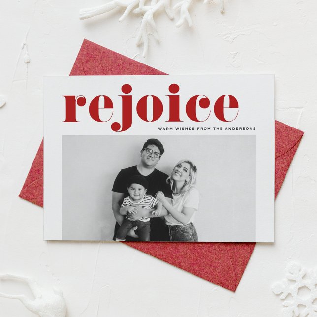 Red Rejoice Bold Typography Modern Photo Christmas Holiday Card (Creator Uploaded)