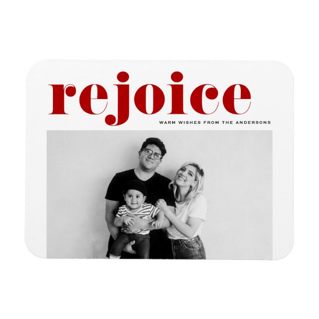 Red Rejoice Bold Typography Modern Photo Christmas Magnet (Horizontal)