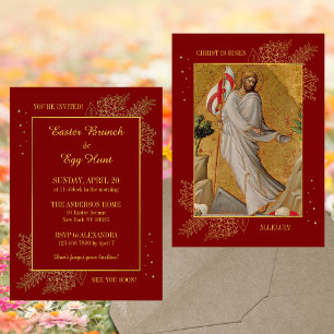 Red Religious He is risen Easter Brunch Egg Hunt Invitation