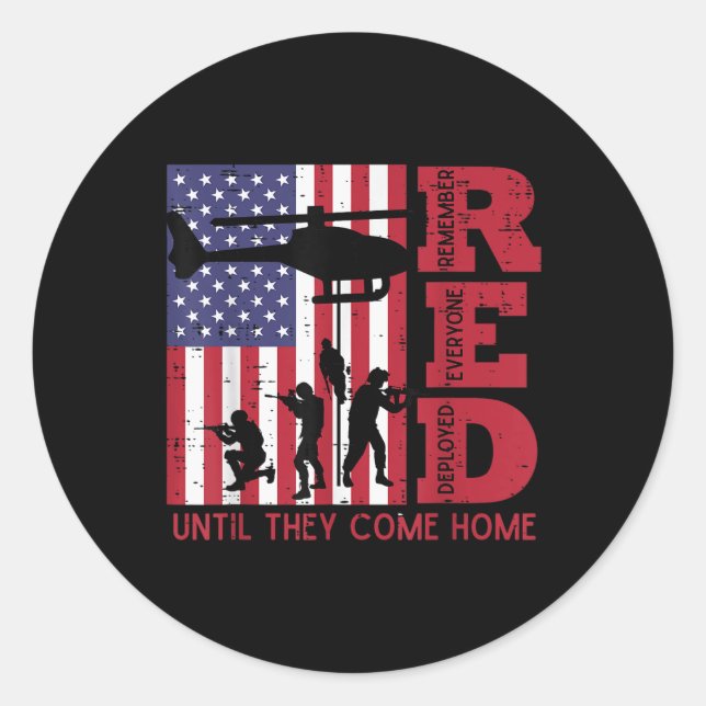 Red Remember Everyone Deployed Flag Helicopter Mem Classic Round Sticker (Front)