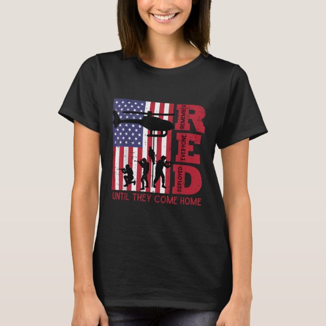 Red Remember Everyone Deployed Flag Helicopter Mem T-Shirt (Front)