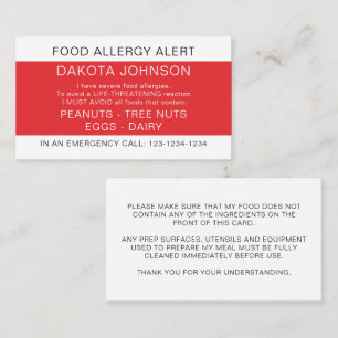 Red Restaurant Food Allergy Alert Card