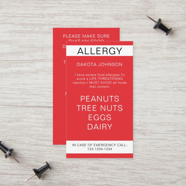 Red Restaurant Food Allergy Alert Card (Front/Back In Situ)