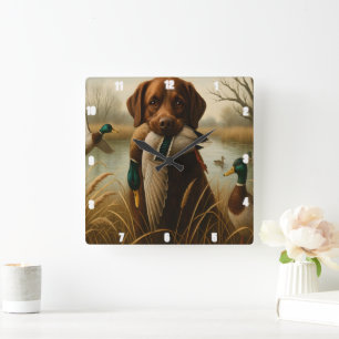 Red Retriever Duck Pond Hunting Square Wall Clock