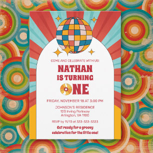 Red Retro 1st Kids Birthday Groovy Party Vinyl Invitation