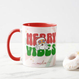 Red Retro 70s Themed Merry Vibes Custom Name Mug