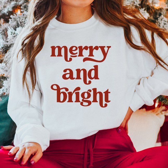Red Retro Boho Typography | Merry and Bright Sweatshirt (A stylish Christmas shirt with retro and boho red typography)