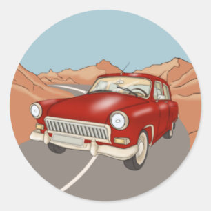 Red retro car on the highway  classic round sticker