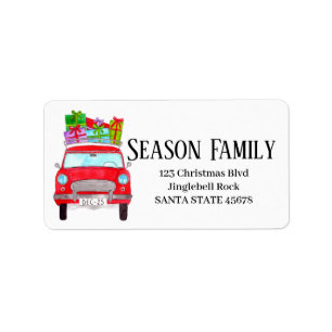 Red Retro Car with Christmas Gifts Label