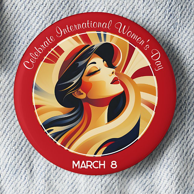 Red Retro Celebrate International Women's Day 6 Cm Round Badge (Red Retro Celebrate International Women's Day March 8 pinback button.)