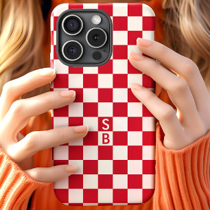 Red Retro Chequered Pattern Monogram iPhone 15 Case