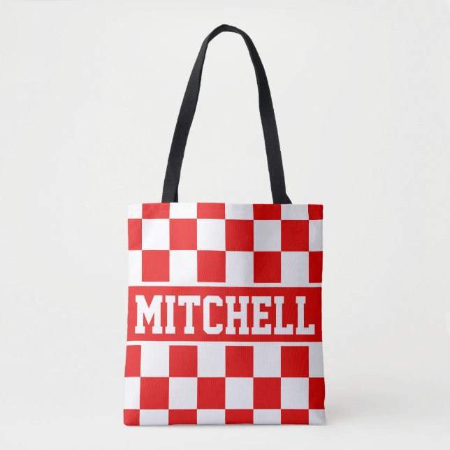 Red Retro Chequered Personalised Tote Bag (Front)