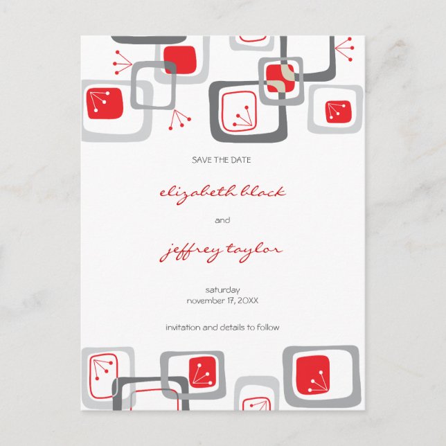 Red Retro Cherry Squares Mod Art Save The Date Announcement Postcard (Front)