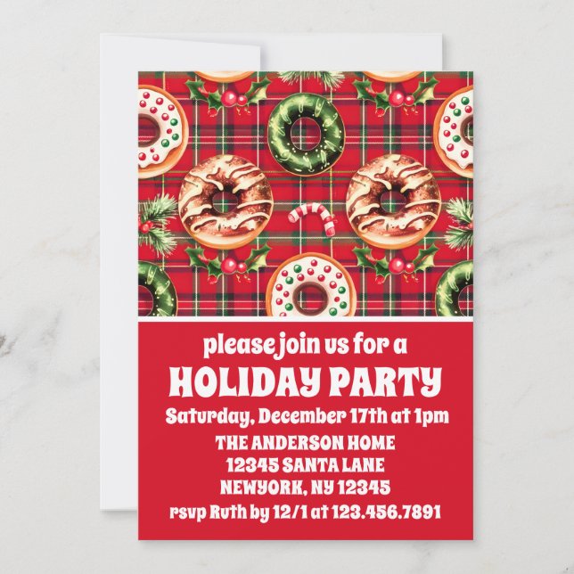 Red Retro Christmas Doughnuts Holiday Party Invitation (Front)