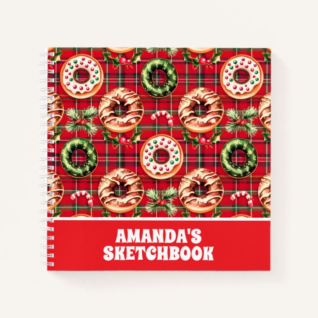 Red Retro Christmas Doughnuts Kids Sketchbook Notebook (Front)