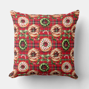 Red Retro Christmas Doughnuts Red Tartan Plaid Cushion