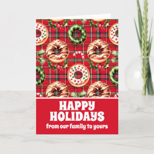 Red Retro Christmas Doughnuts Red Tartan Plaid Holiday Card