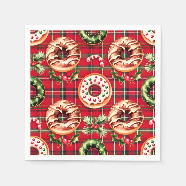 Red Retro Christmas Doughnuts Red Tartan Plaid Napkin (Front)