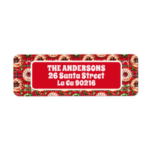 Red Retro Christmas Doughnuts Red Tartan Plaid Return Address Label